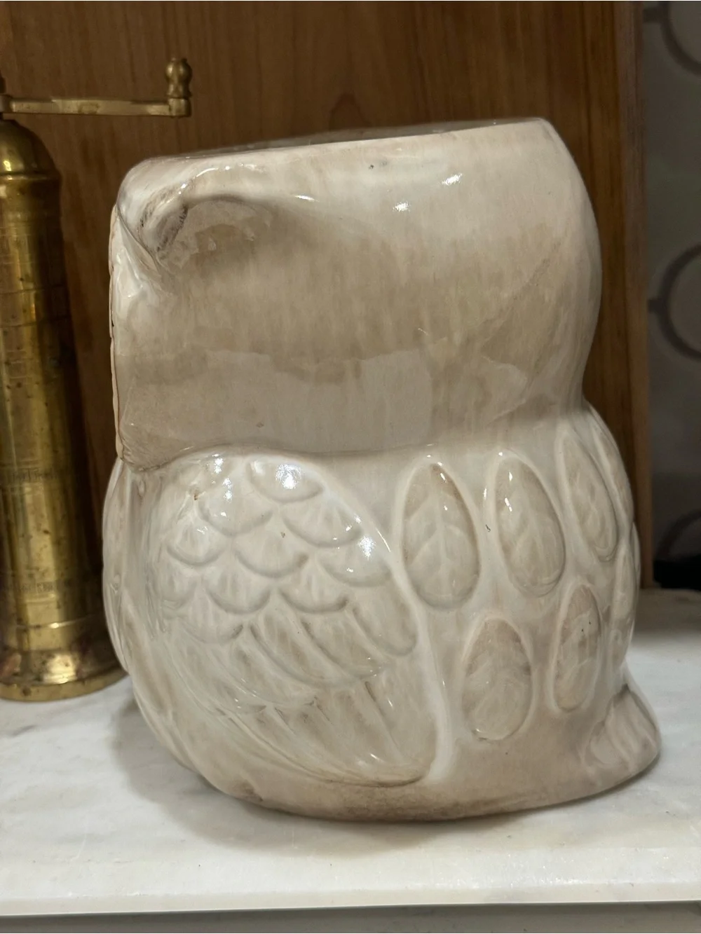 World Market Ceramic Owl Cookie Jar, Light Brown/ Cream with Gold